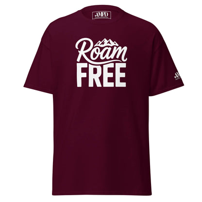 Maroon Roam Free T-Shirt Outdoor Explorer Tee for Hikers, Travelers & Wanderers with mountain design