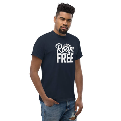 Roam Free T-Shirt Outdoor Explorer Tee for Hikers, Travelers & Wanderers in navy with mountain graphics