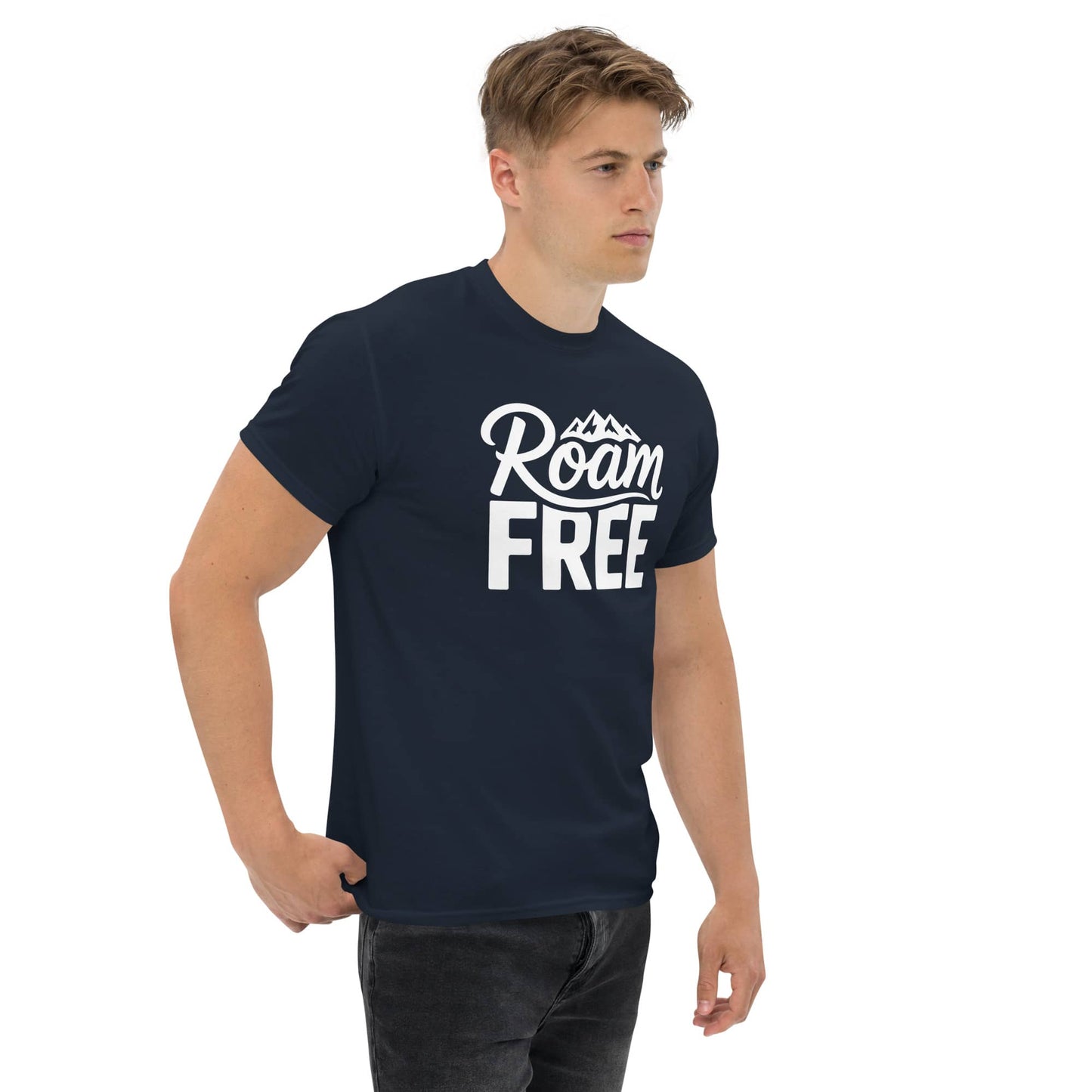 Roam Free T-Shirt Outdoor Explorer Tee for Hikers, Travelers & Wanderers in navy blue on a male model