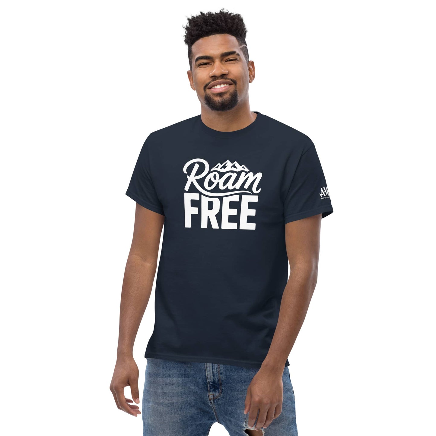 Roam Free T-Shirt Outdoor Explorer Tee for Hikers, Travelers & Wanderers in navy color