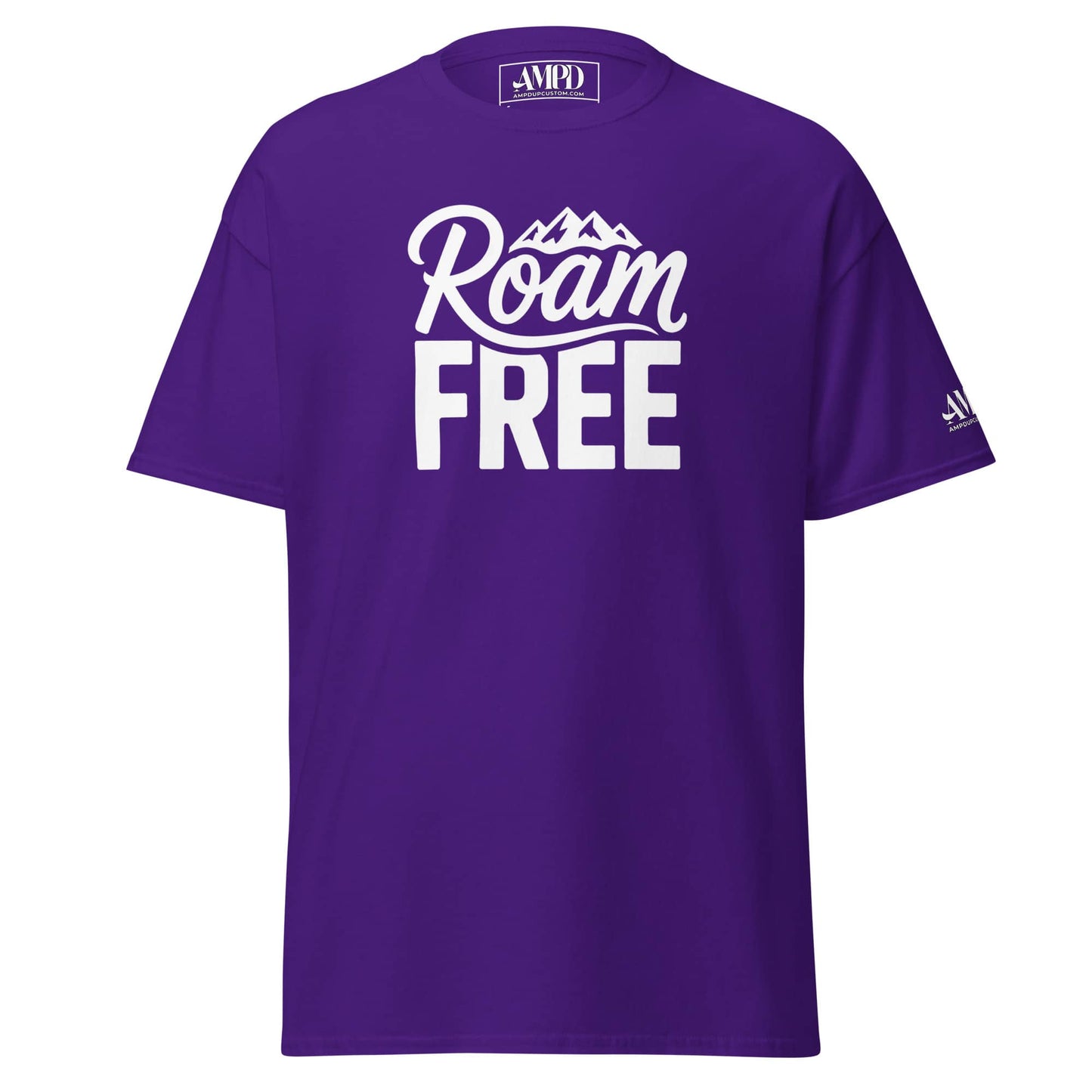 Amp'd Up Custom Roam Free T-Shirt Outdoor Explorer Tee for Hikers, Travelers & Wanderers in Purple Color