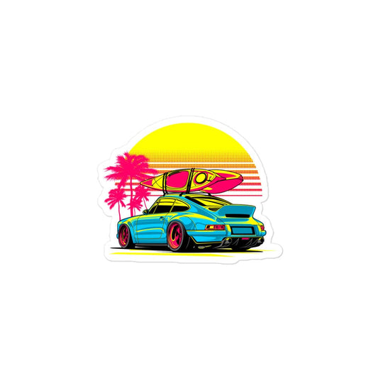 Vibrant Porsche Miami sticker featuring a surfboard on a classic car against a sunset