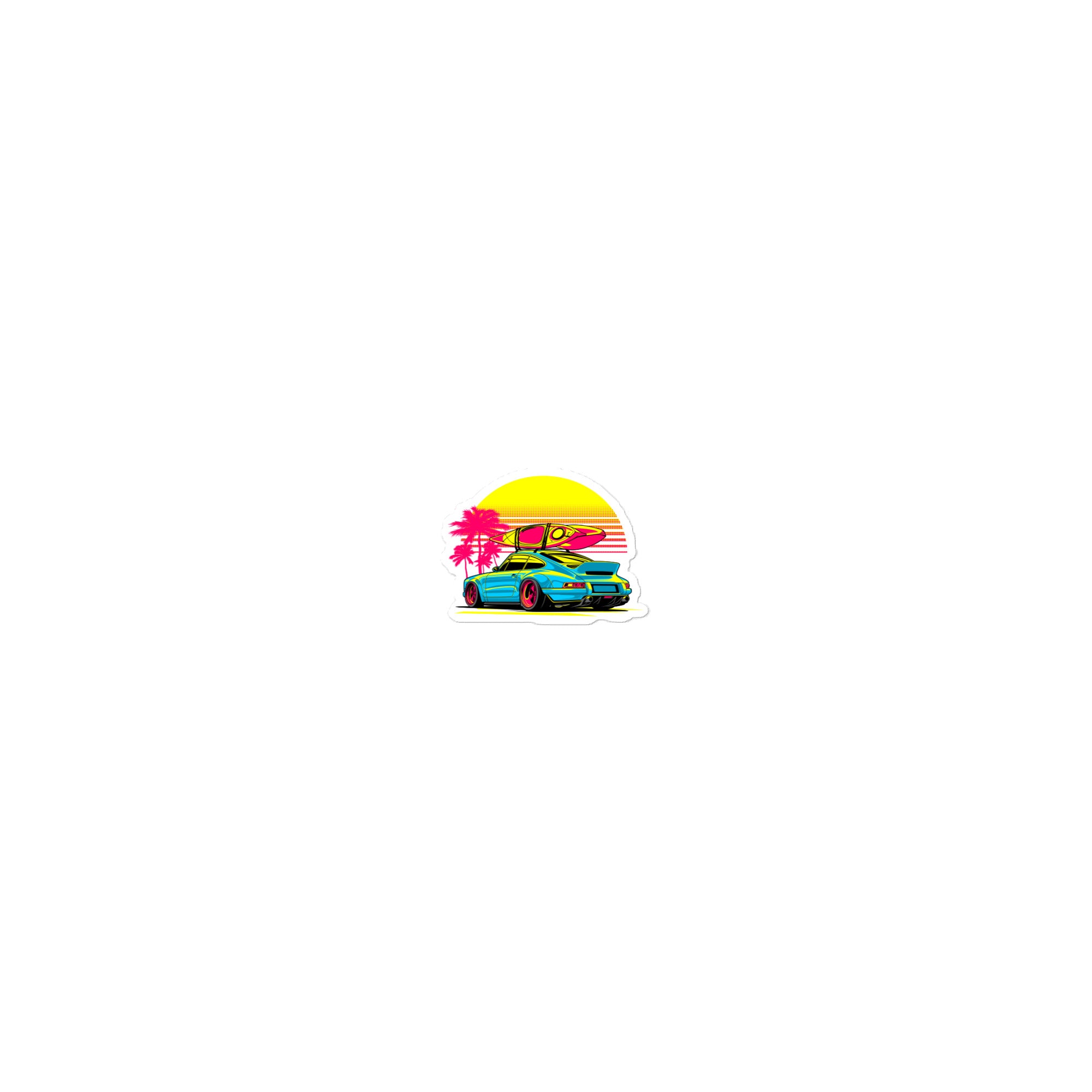 Colorful Porsche Miami sticker featuring a vintage car with a sunset and palm trees