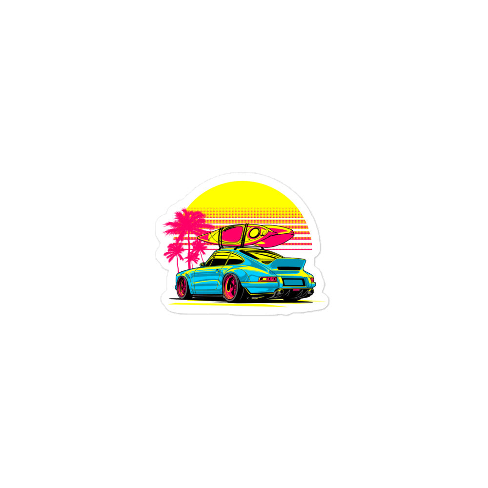 Porsche Miami sticker featuring a vibrant retro car design with palm trees and surfboard