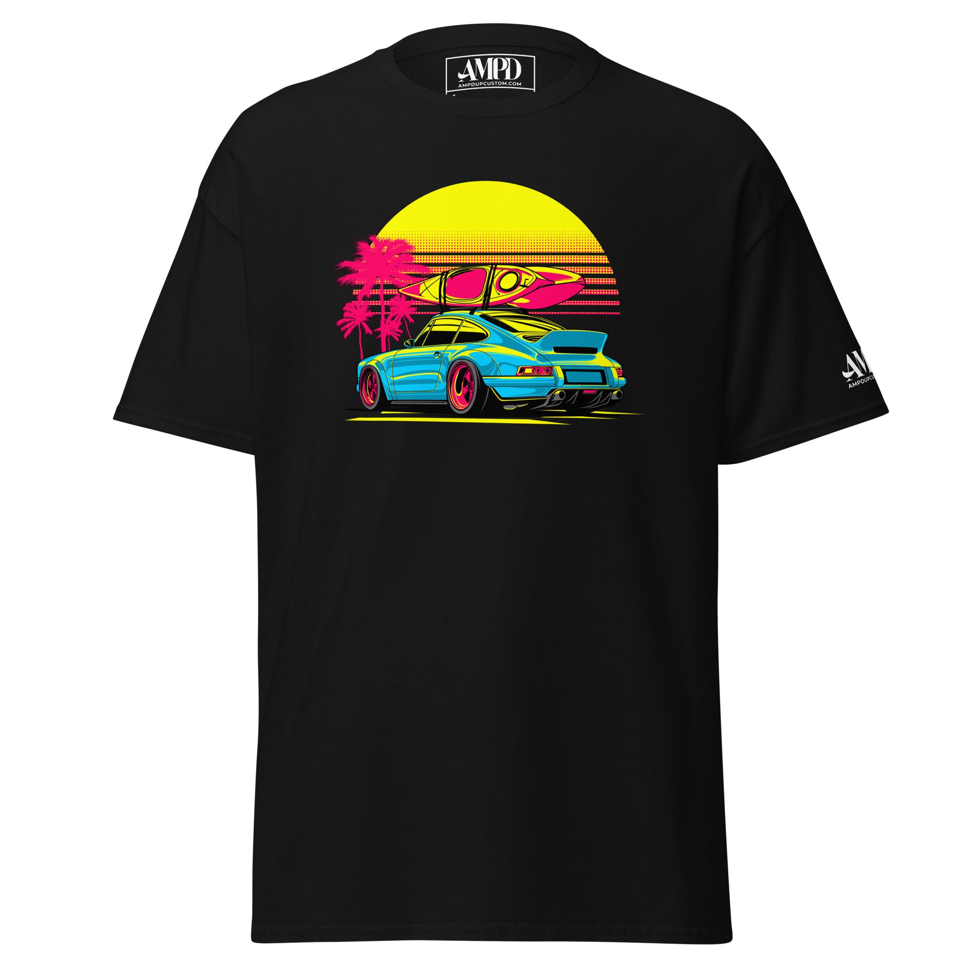 Porsche Sunset Sports Car Graphic T-Shirt Golden Hour featuring vibrant design with surfboards and palm trees