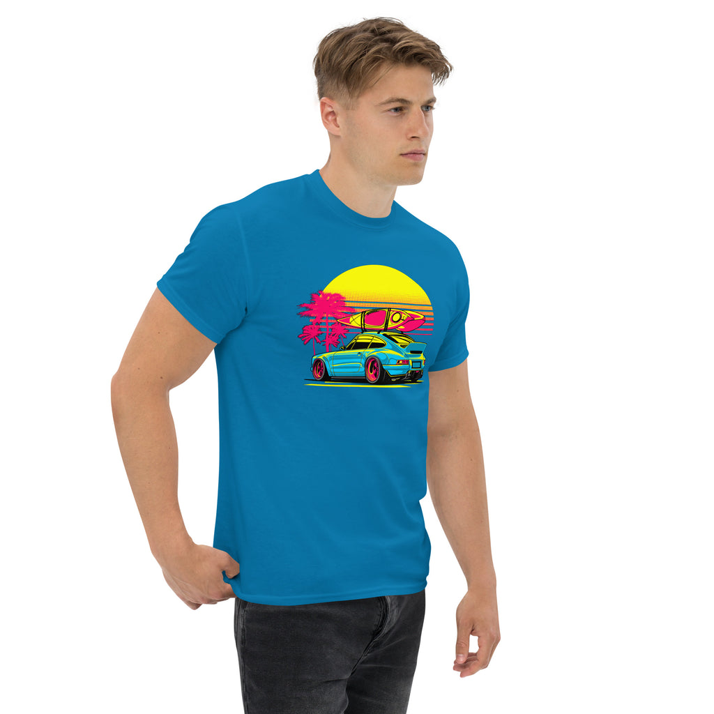 Amp'd Up Custom Porsche Sunset Sports Car Graphic T-Shirt Golden Hour with vibrant blue color and bold design
