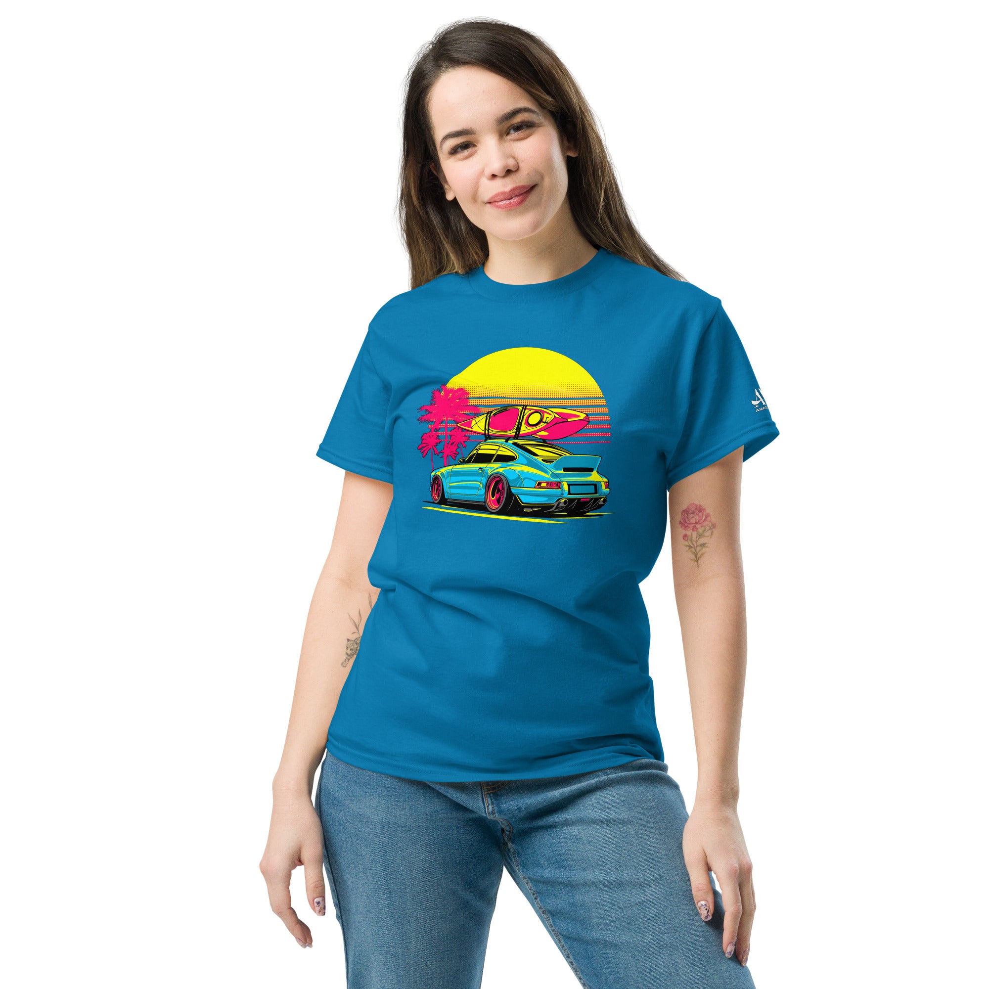 Amp'd Up Custom Porsche Sunset Sports Car Graphic T-Shirt Golden Hour in vibrant blue color