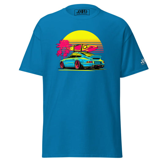 Amp'd Up Custom Porsche Sunset Sports Car Graphic T-Shirt Golden Hour featuring vibrant colors and beach scene design