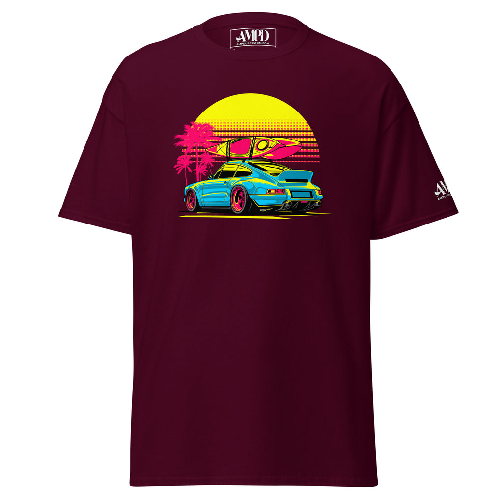 Amp'd Up Custom Porsche Sunset Sports Car Graphic T-Shirt Golden Hour with vibrant colors and beach design