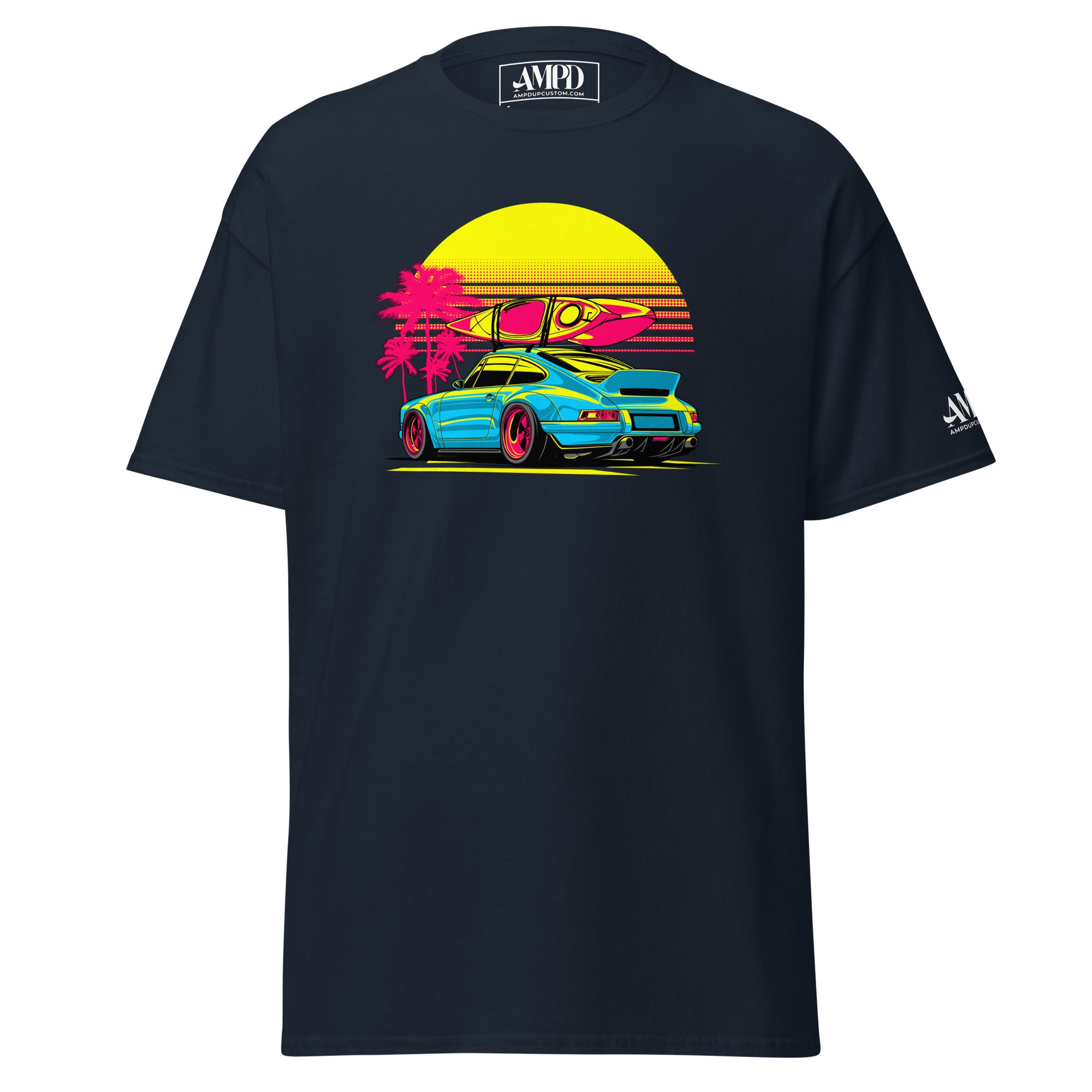 Porsche Sunset Sports Car Graphic T-Shirt Golden Hour with vibrant colors and surfboard design