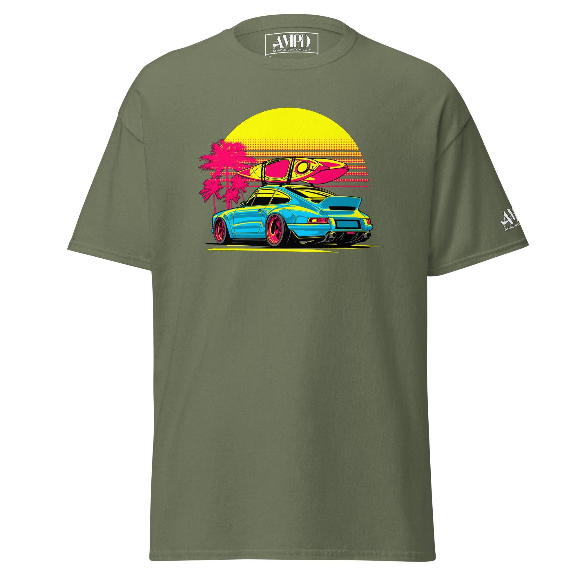 Amp'd Up Custom Porsche Sunset Sports Car Graphic T-Shirt Golden Hour with vibrant colors and retro design