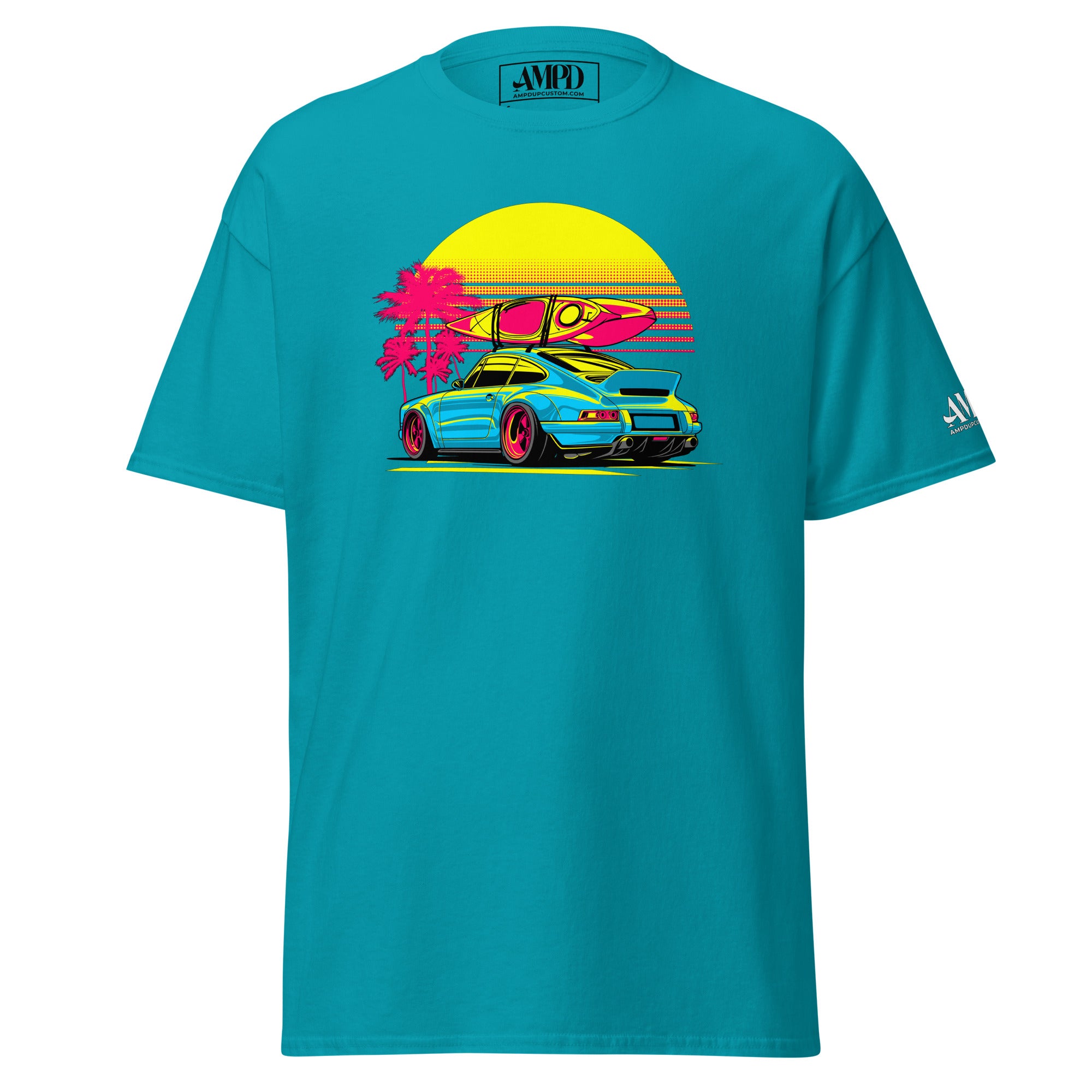 Amp'd Up Custom Porsche Sunset Sports Car Graphic T-Shirt Golden Hour in vibrant turquoise with colorful design
