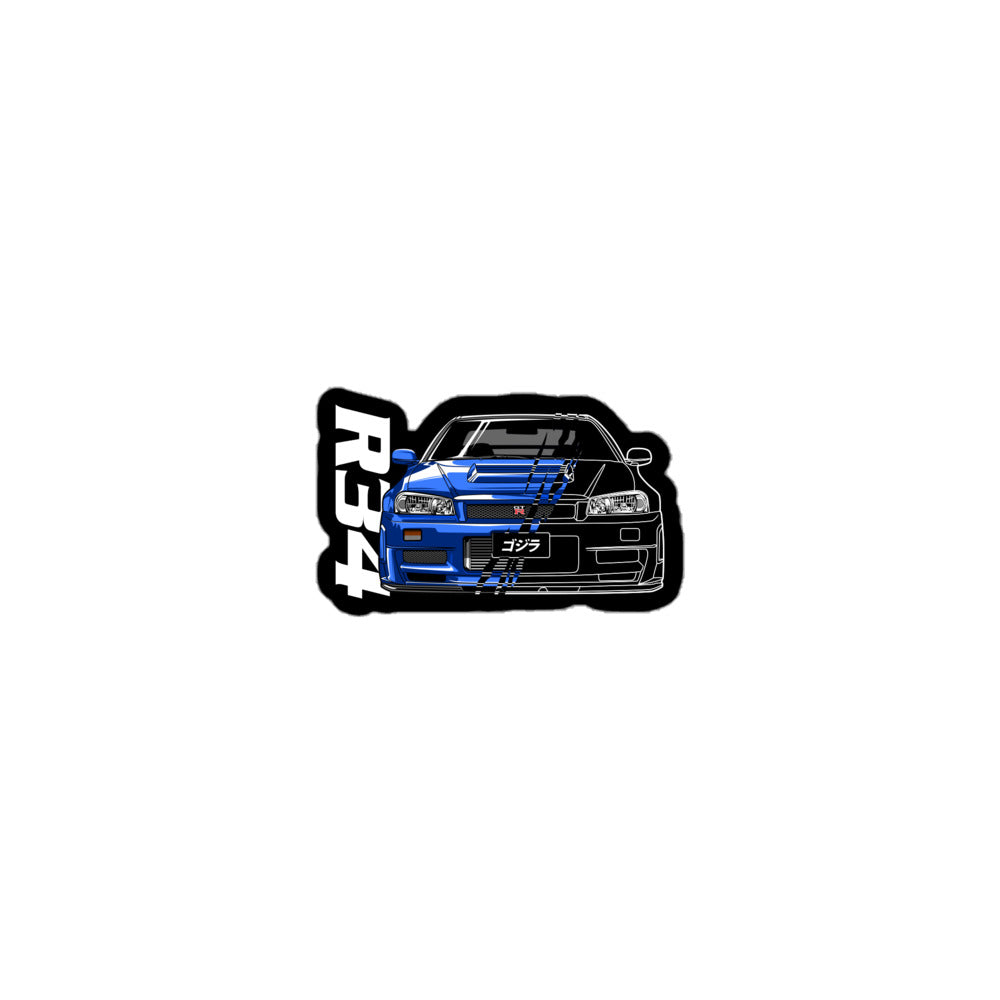 Amp'd Up Custom R34 sticker featuring a blue sports car design for enthusiasts