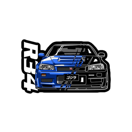 Amp'd Up Custom R34 sticker featuring a detailed illustration of a blue R34 Skyline front view