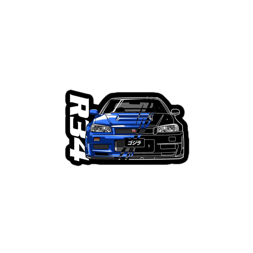 Amp'd Up Custom R34 sticker featuring a blue and black sports car design
