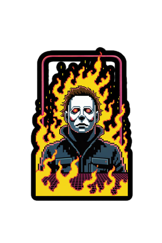 Amp'd Up Custom Retro Jason sticker featuring pixel art of a masked figure surrounded by flames