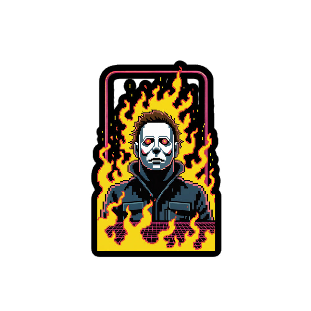 Amp'd Up Custom Retro Jason sticker featuring pixel art of a masked figure surrounded by flames