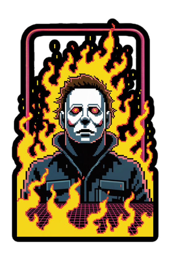 Amp'd Up Custom Retro Jason sticker featuring pixel art Jason with glowing red eyes surrounded by flames