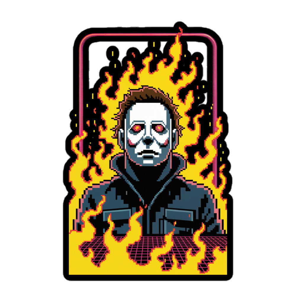 Amp'd Up Custom Retro Jason sticker featuring pixel art Jason with glowing red eyes surrounded by flames