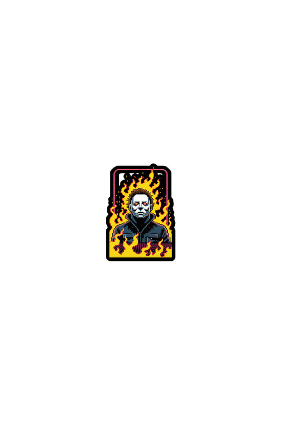 Amp'd Up Custom Retro Jason sticker featuring Jason Voorhees with flames in a retro style