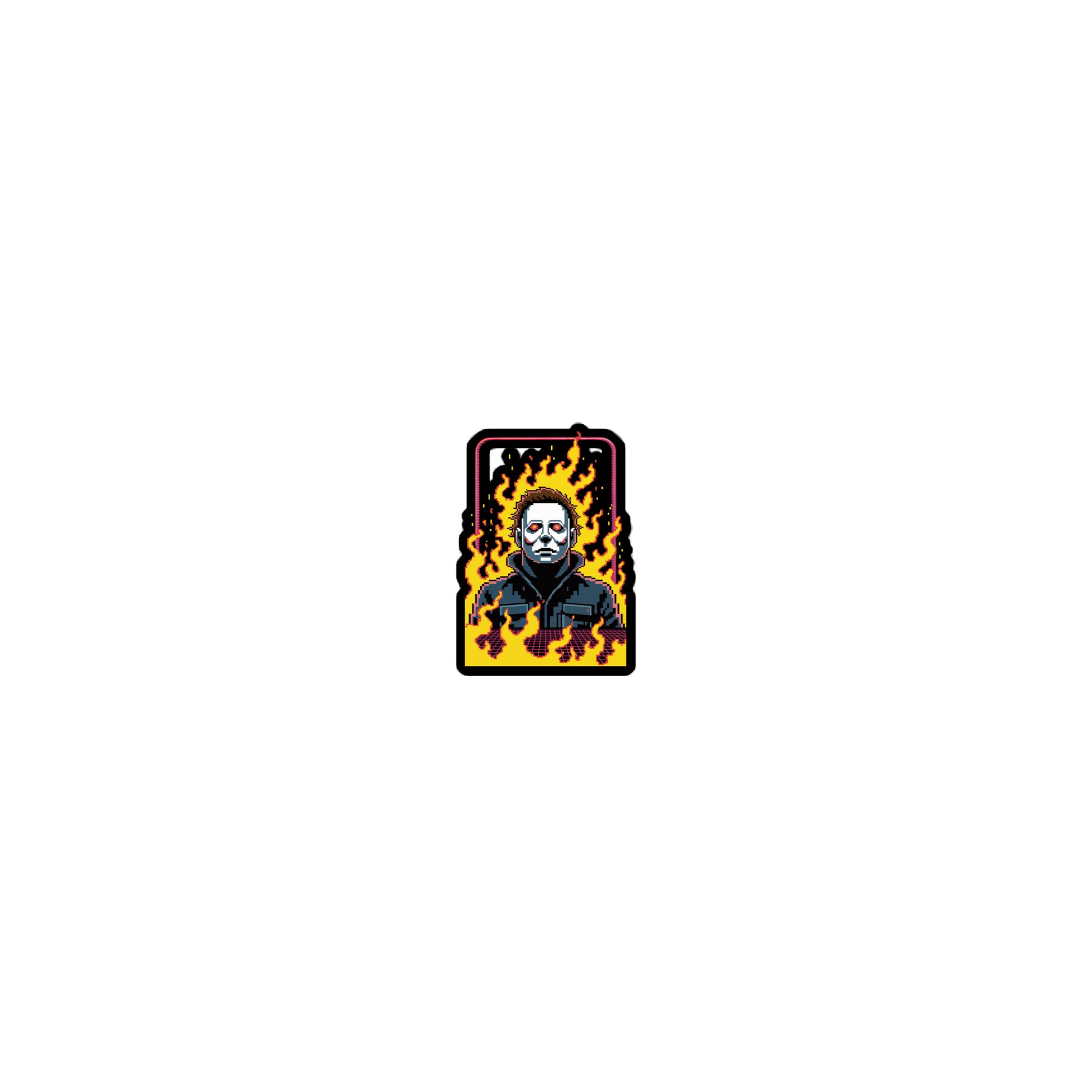 Amp'd Up Custom Retro Jason sticker featuring Jason Voorhees with flames in a retro style