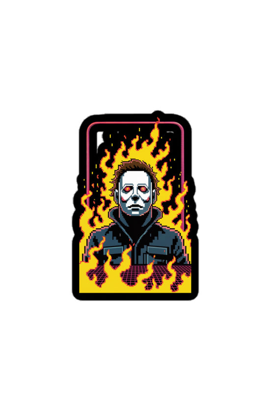 Retro Jason sticker by Amp'd Up Custom featuring pixel art Jason with flames background