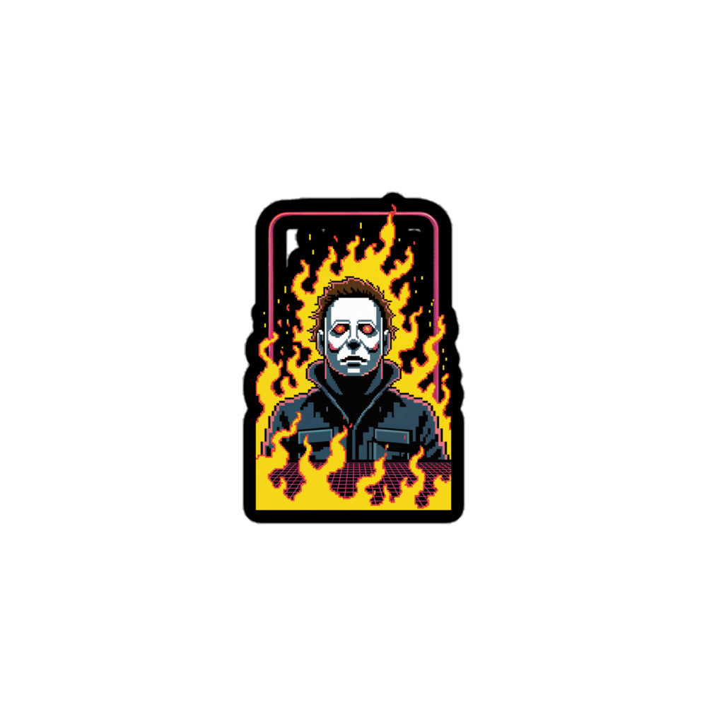Retro Jason sticker by Amp'd Up Custom featuring pixel art Jason with flames background