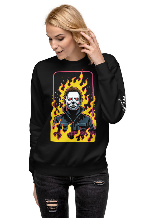 Woman wearing black Retro Jason Sweatshirt with flaming pixel art graphic and distressed jeans