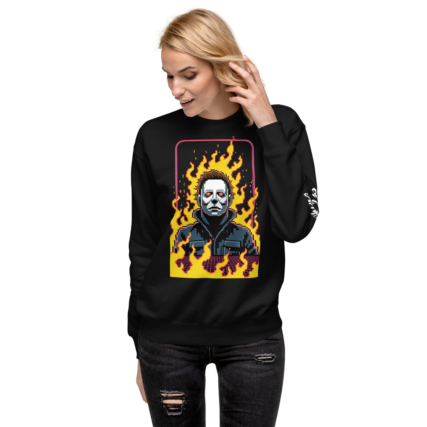 Woman wearing black Retro Jason Sweatshirt with flaming pixel art graphic and distressed jeans