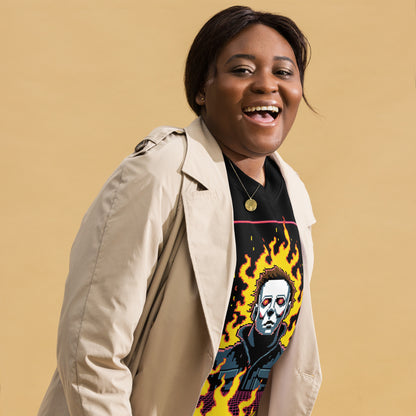 Woman wearing Retro Jason Sweatshirt with flaming skull graphic under beige trench coat smiling