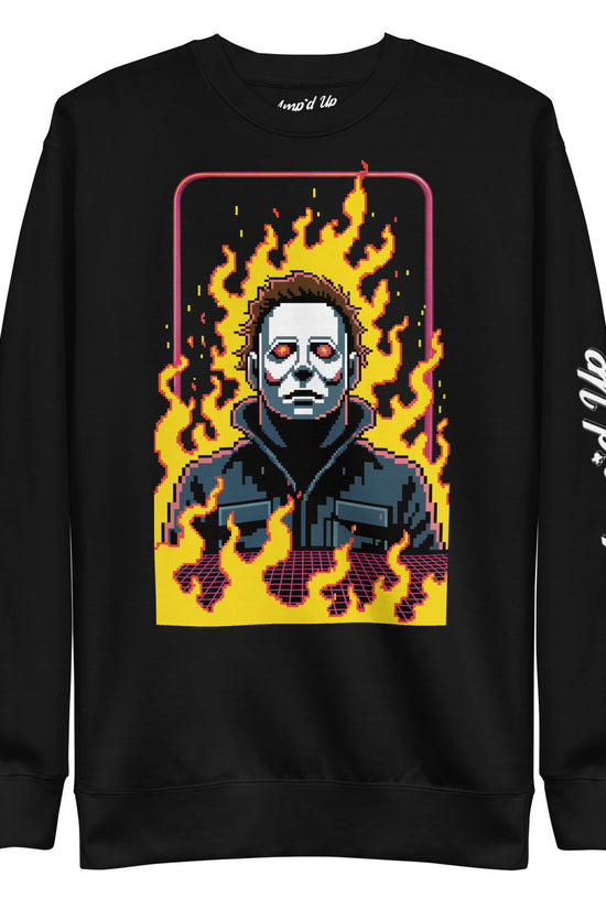 Amp'd Up Custom black Retro Jason Sweatshirt with pixel art Jason mask and flames graphic