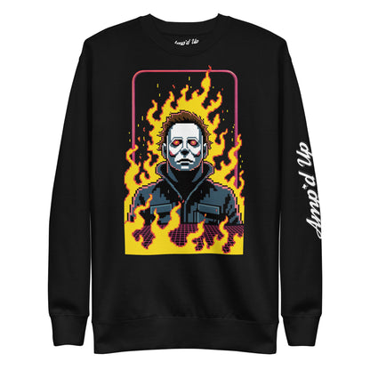 Amp'd Up Custom black Retro Jason Sweatshirt with pixel art Jason mask and flames graphic