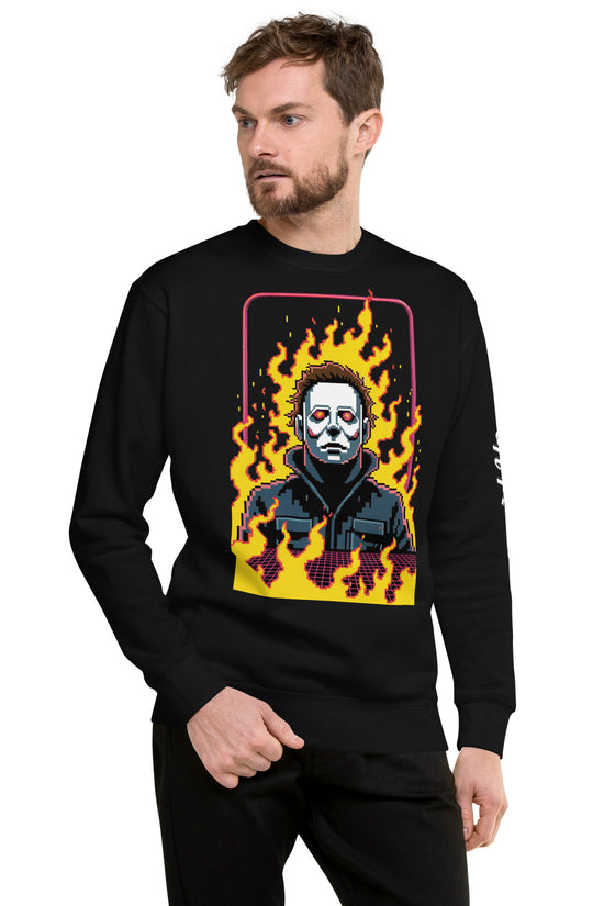 Amp'd Up Custom Retro Jason Sweatshirt in black with fiery graphic design worn by male model
