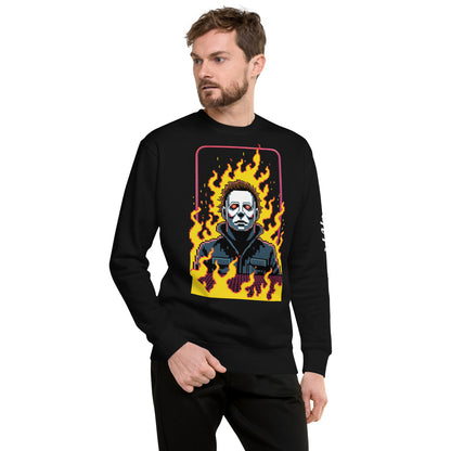 Amp'd Up Custom Retro Jason Sweatshirt in black with fiery graphic design worn by male model