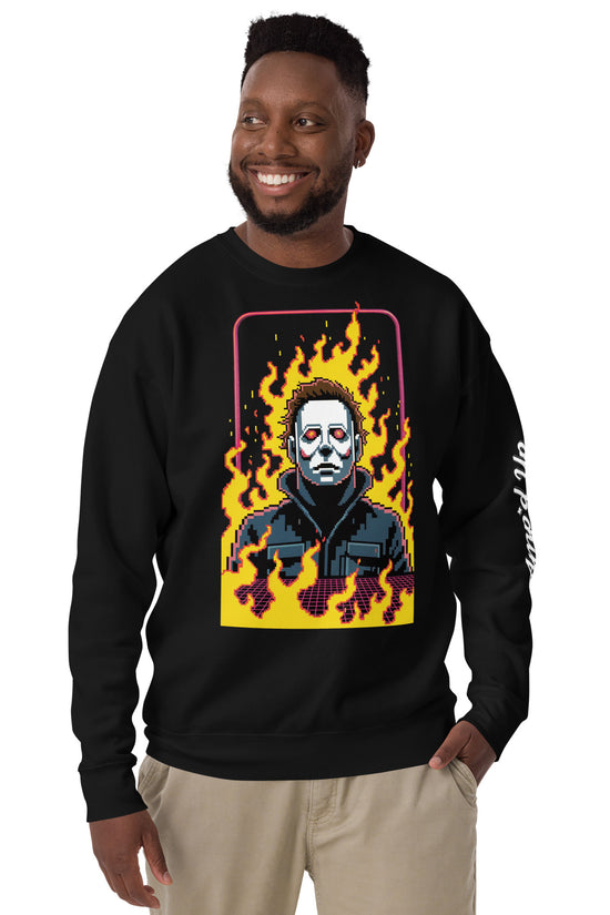 Black Retro Jason Sweatshirt by Amp'd Up Custom featuring pixel art character with flames background