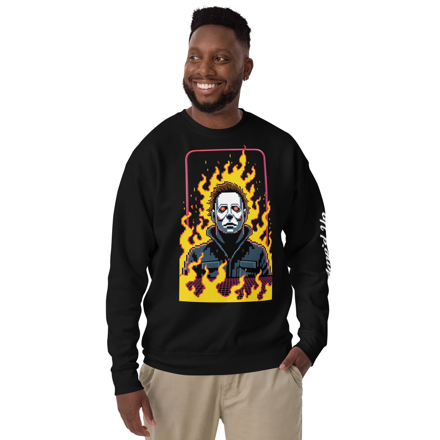 Black Retro Jason Sweatshirt by Amp'd Up Custom featuring pixel art character with flames background