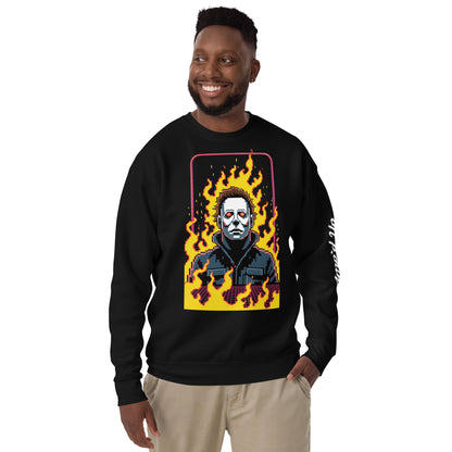 Black Retro Jason Sweatshirt by Amp'd Up Custom featuring pixel art character with flames background
