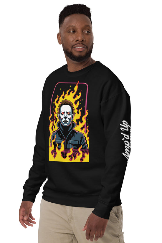 Man wearing black Retro Jason Sweatshirt by Amp'd Up Custom with fiery graphic and logo on sleeve