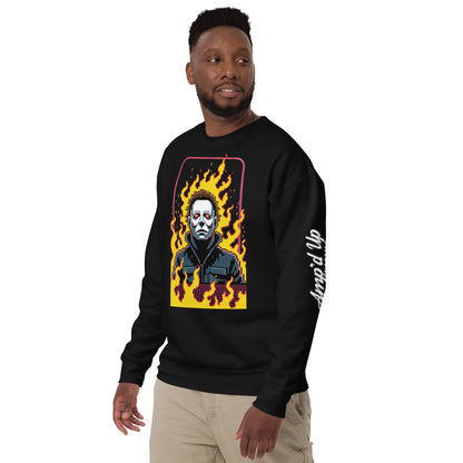 Man wearing black Retro Jason Sweatshirt by Amp'd Up Custom with fiery graphic and logo on sleeve
