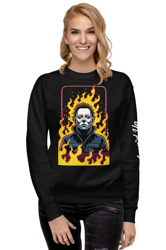 Amp'd Up Custom Retro Jason Sweatshirt with pixel art design of Jason surrounded by flames
