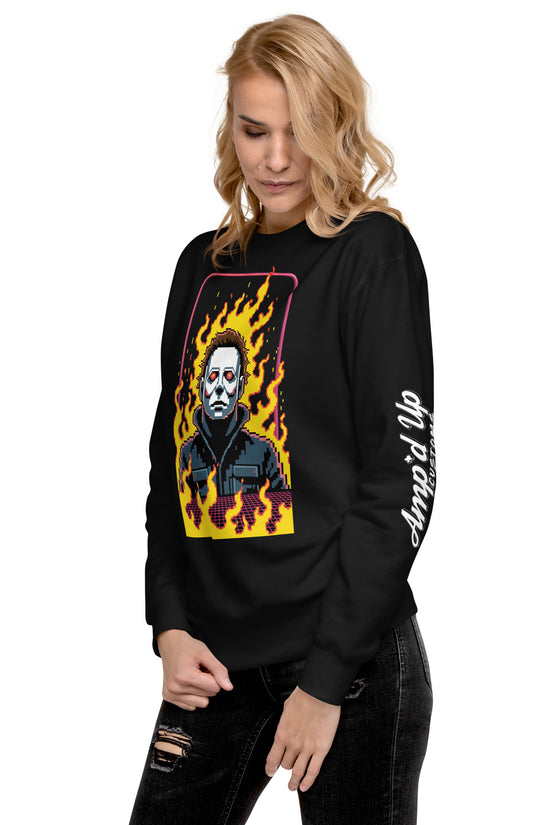 Woman wearing black Retro Jason Sweatshirt with flaming graphic and amp'd up custom logo on sleeve