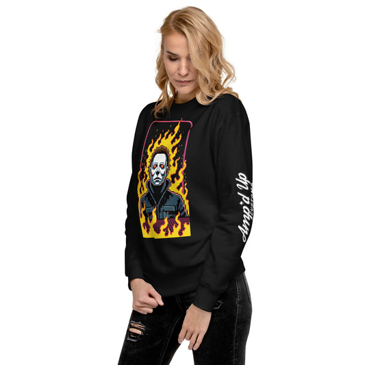 Woman wearing black Retro Jason Sweatshirt with flaming graphic and amp'd up custom logo on sleeve