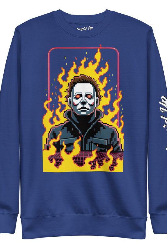 Amp'd Up Custom Retro Jason Sweatshirt blue with pixel art design of flaming Jason character