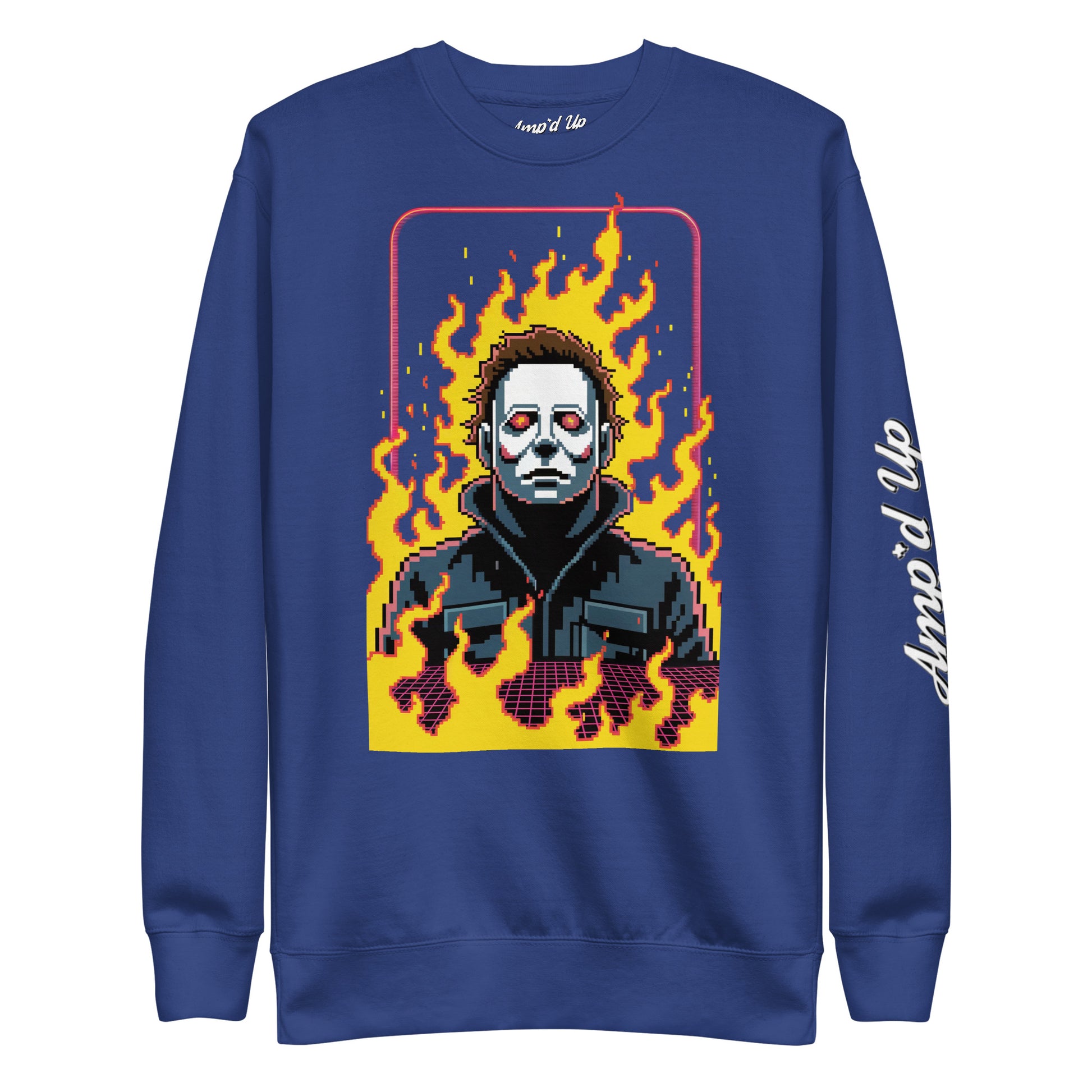 Amp'd Up Custom Retro Jason Sweatshirt blue with pixel art design of flaming Jason character