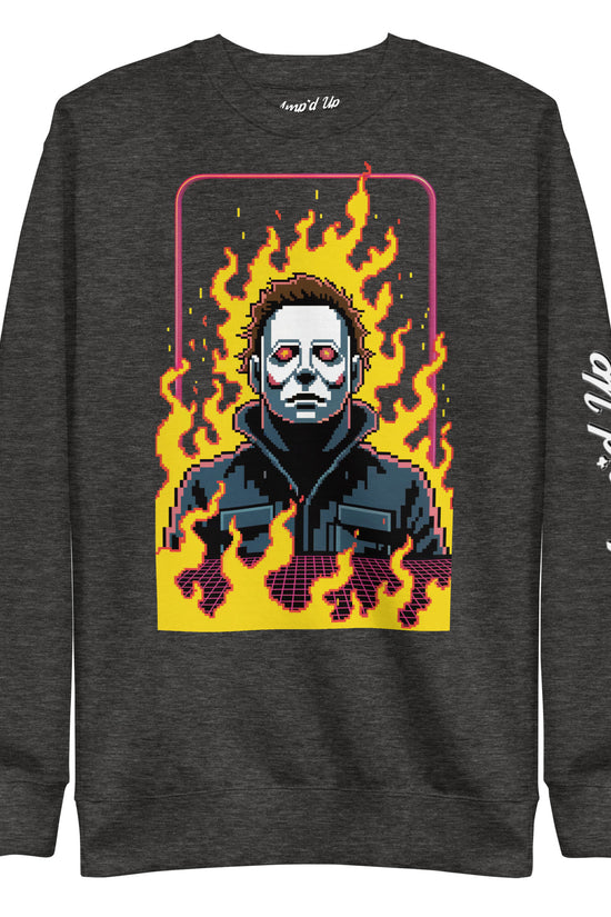 Amp'd Up Custom Retro Jason Sweatshirt with pixel art Jason mask and flames on dark gray fabric