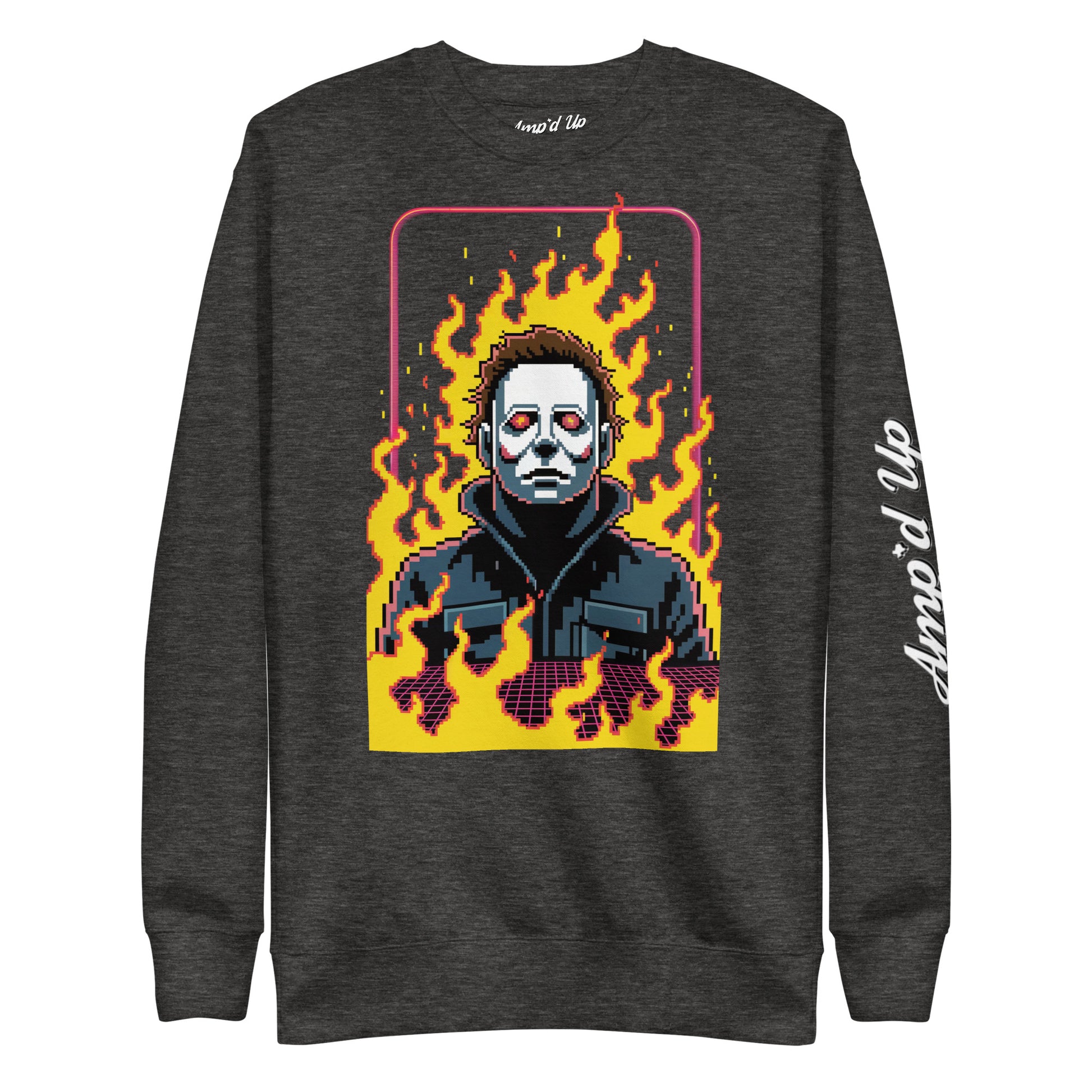 Amp'd Up Custom Retro Jason Sweatshirt with pixel art Jason mask and flames on dark gray fabric