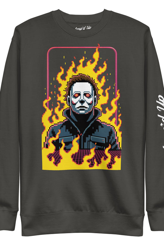 Amp'd Up Custom Retro Jason Sweatshirt with pixel art masked character and flames on black fabric