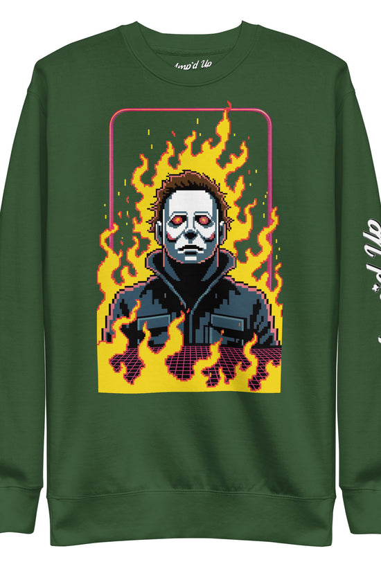 Amp'd Up Custom Retro Jason Sweatshirt in green with pixel art graphic and flames