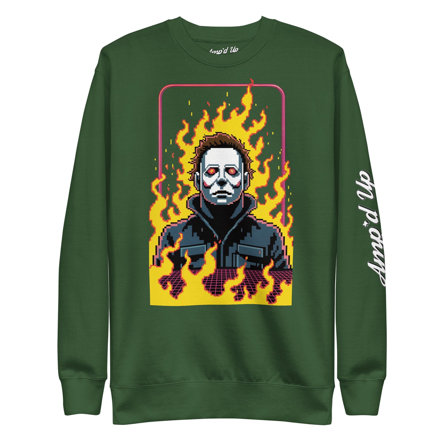Amp'd Up Custom Retro Jason Sweatshirt in green with pixel art graphic and flames