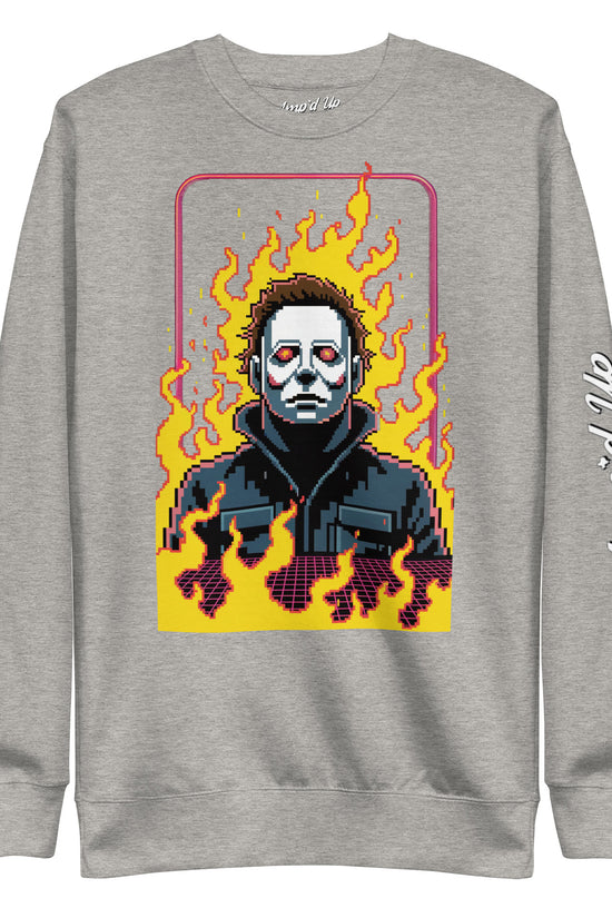 Gray Retro Jason Sweatshirt by Amp'd Up Custom featuring pixel art horror character with flames